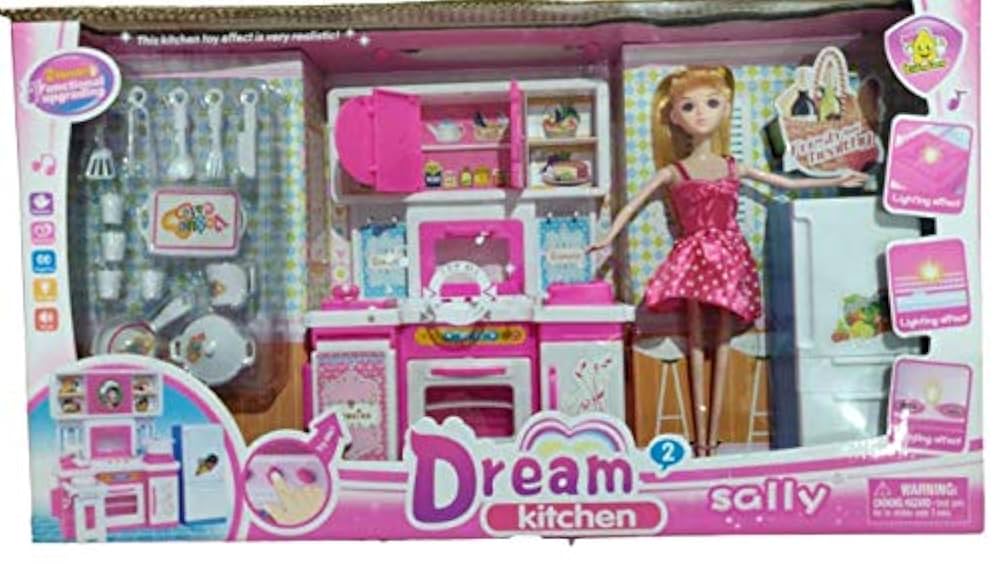 Toy kitchen set with doll in packaging, featuring Dream Kitchen and Sally branding.