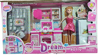 Toy kitchen set with doll in packaging, featuring Dream Kitchen and Sally branding.