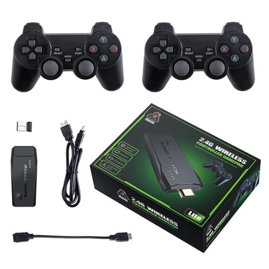 Two gaming controllers, a USB adapter, and a box labeled '2.4G Wireless Controller Adapter' on a white background.