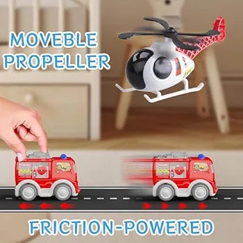 Fire Rescue Transporter Playset with Fire Truck, Fire Boat & Helicopter, Sound, Pull-Back Vehicles, City Fire Emergency Toy Set for Kids, Role-Play Toy for Children (City Rescue)
