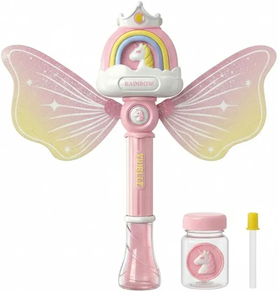 Pink fairy wand with butterfly wings and a jar on a white background