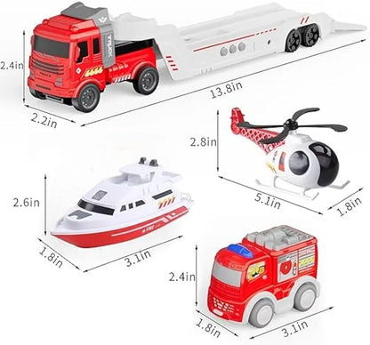 Fire Rescue Transporter Playset with Fire Truck, Fire Boat & Helicopter, Sound, Pull-Back Vehicles, City Fire Emergency Toy Set for Kids, Role-Play Toy for Children (City Rescue)