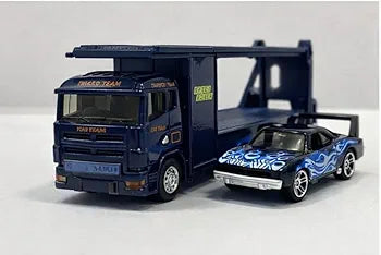 Mini Metal Muscle Car on Pull Back Carrier Truck – 2-in-1 Double-Decker Die-Cast Transporter, 1:64 Scale Toy Hauler for Kids with Chrome Wheels and Flame Decals (Pack of 1).