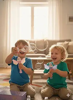 Two children playing with bubble toys in a living room.