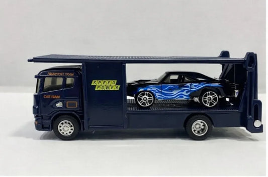 Mini Metal Muscle Car on Pull Back Carrier Truck – 2-in-1 Double-Decker Die-Cast Transporter, 1:64 Scale Toy Hauler for Kids with Chrome Wheels and Flame Decals (Pack of 1).