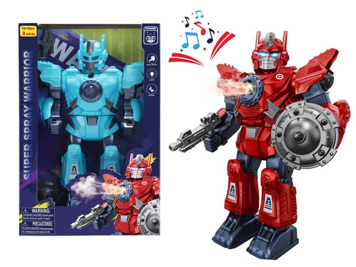 Toy robot figure with red and blue color scheme next to its packaging