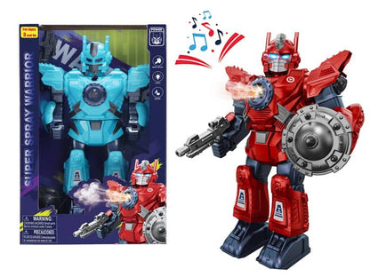 Toy robot figure with red and blue color scheme next to its packaging