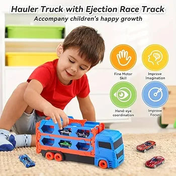 Big Truck Carrier Race Track Folding 78-Inch Toy Truck Transport Car Carrier Track & 2 DieCast Metal Toy Cars Hauler Truck Car Toys Track Set Gifts for Age 3-10 Yr