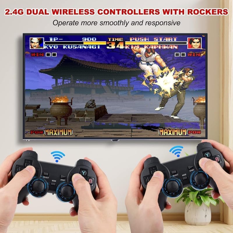 Two hands holding wireless controllers playing a martial arts video game on a screen.