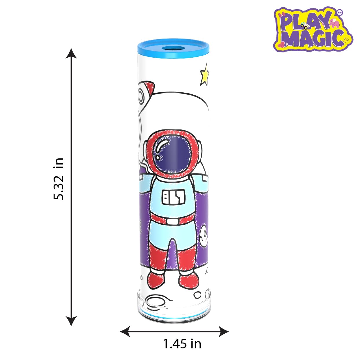Toy packaging with an astronaut design and dimensions labeled, featuring the Playa Magic brand.