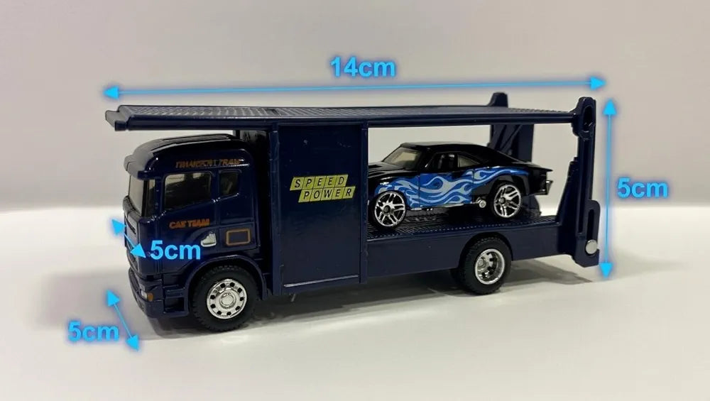 Mini Metal Muscle Car on Pull Back Carrier Truck – 2-in-1 Double-Decker Die-Cast Transporter, 1:64 Scale Toy Hauler for Kids with Chrome Wheels and Flame Decals (Pack of 1).
