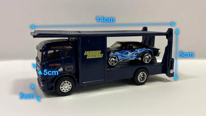 Mini Metal Muscle Car on Pull Back Carrier Truck – 2-in-1 Double-Decker Die-Cast Transporter, 1:64 Scale Toy Hauler for Kids with Chrome Wheels and Flame Decals (Pack of 1).