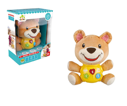 Plush toy bear with a yellow shirt and colorful buttons next to its packaging on a white background