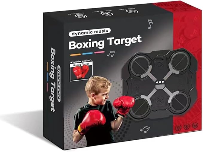 Boxing target product packaging with a child wearing boxing gloves on a white background