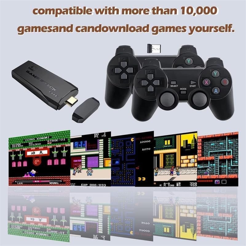 Gaming console with controllers and retro games displayed on a reflective surface.