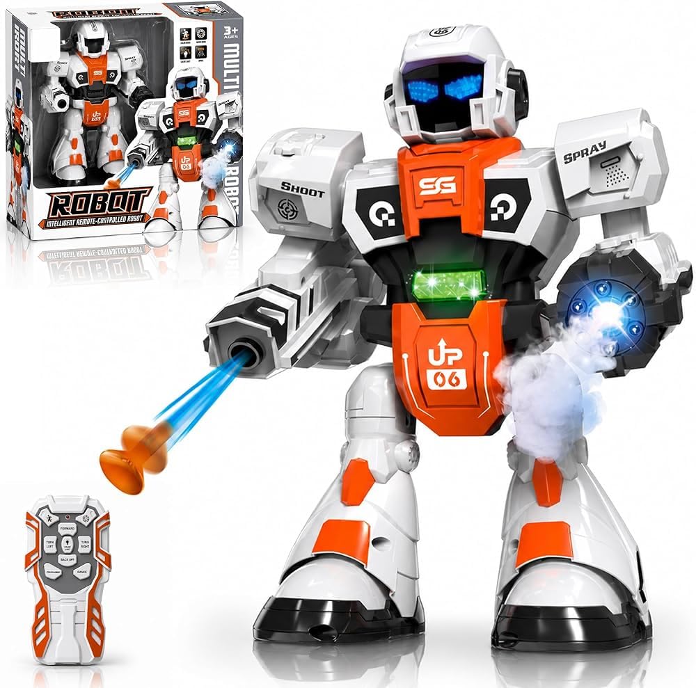 RC Robot Toy | 2.4GHz Remote Control | Mist Spray, Soft Foam Projectile Launcher & LED Lights | Rechargeable Interactive Robot Toy for Boys & Girls...
