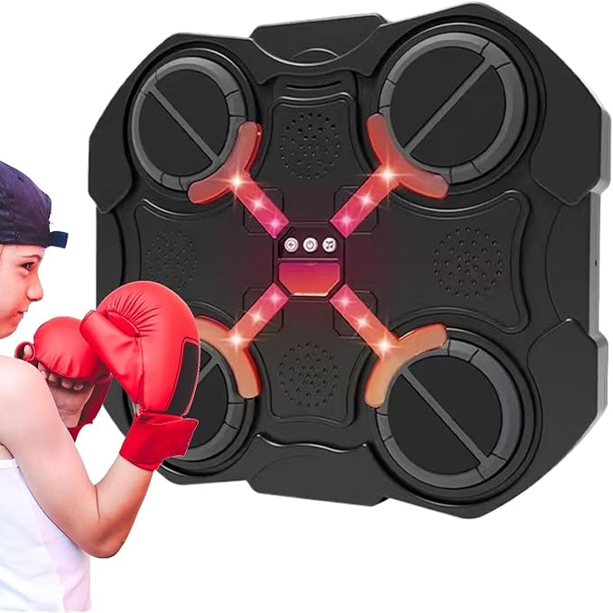 Person wearing red boxing gloves in front of a black and red drone on a white background