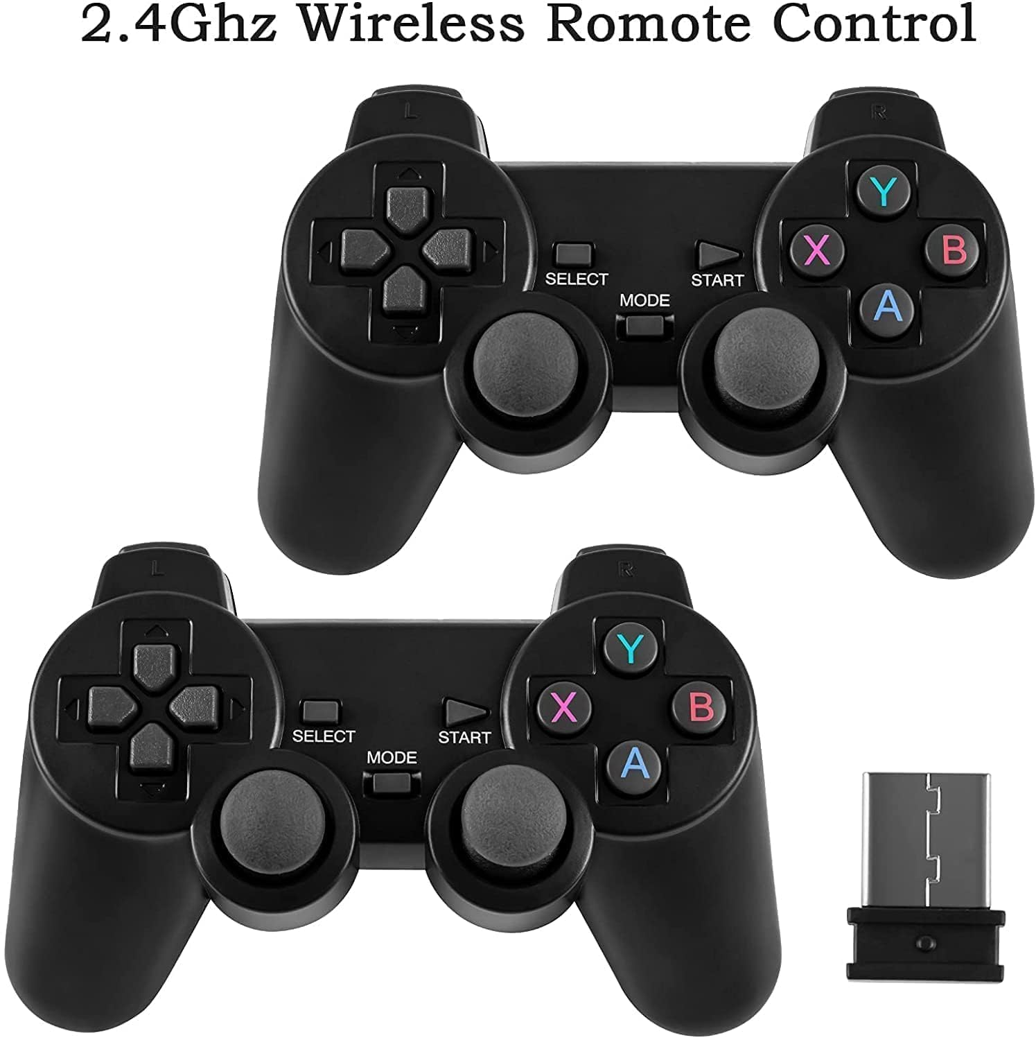 Two black wireless gaming controllers with a receiver