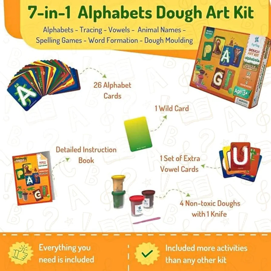 Dough Art Kit for Kids | DIY Kit | Long Lasting Soft & Non-Toxic Clay | 32 Cards with 4 Colours - Alphabets