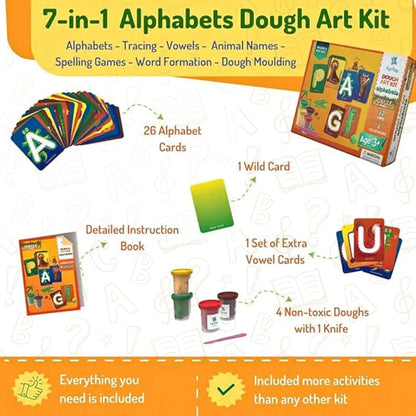 Dough Art Kit for Kids | DIY Kit | Long Lasting Soft & Non-Toxic Clay | 32 Cards with 4 Colours - Alphabets