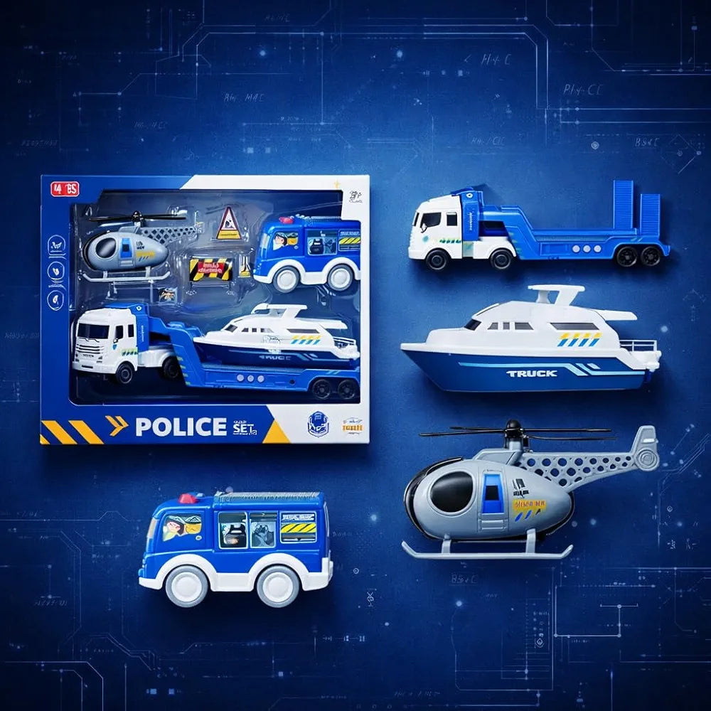 Action Cops City Police Ultimate Fleet with Sound – 35cm Command Truck + Boat + Helicopter + Police Van (4-Piece Set)
