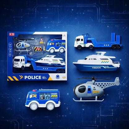 Action Cops City Police Ultimate Fleet with Sound – 35cm Command Truck + Boat + Helicopter + Police Van (4-Piece Set)