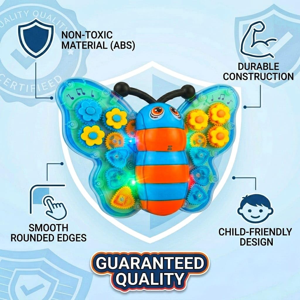 PotPicks Transparent Gear Butterfly Toy with Lights & Music | Battery Operated Bump & Go Musical Toy | Rotating Wings Interactive Sensory Learning...