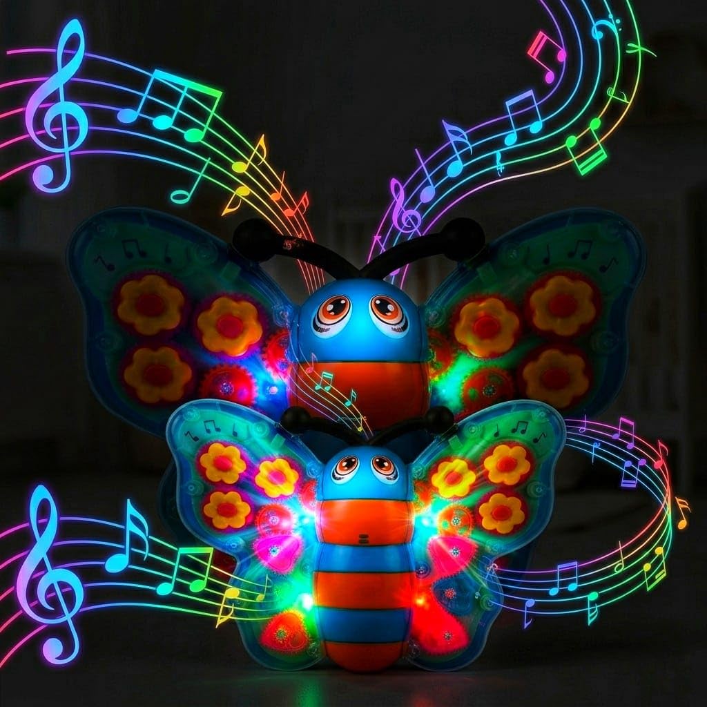 PotPicks Transparent Gear Butterfly Toy with Lights & Music | Battery Operated Bump & Go Musical Toy | Rotating Wings Interactive Sensory Learning...