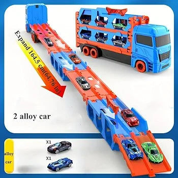 Big Truck Carrier Race Track Folding 78-Inch Toy Truck Transport Car Carrier Track & 2 DieCast Metal Toy Cars Hauler Truck Car Toys Track Set Gifts for Age 3-10 Yr