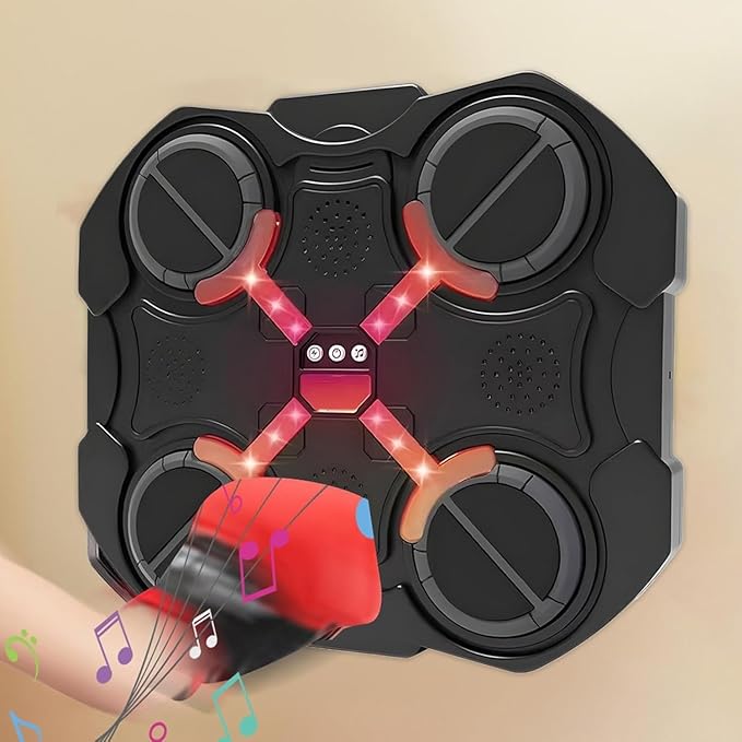 Black and red drone with LED lights on a beige background