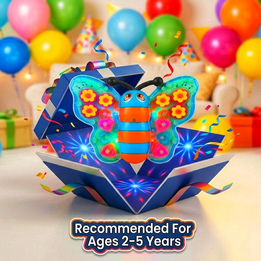PotPicks Transparent Gear Butterfly Toy with Lights & Music | Battery Operated Bump & Go Musical Toy | Rotating Wings Interactive Sensory Learning...