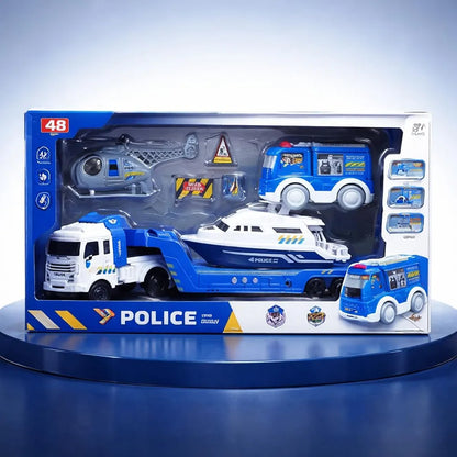 Action Cops City Police Ultimate Fleet with Sound – 35cm Command Truck + Boat + Helicopter + Police Van (4-Piece Set)