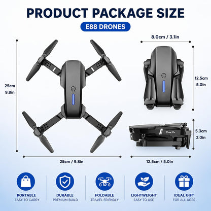 E88 4K HD Camera Foldable Dron Toy with APP Control, Air Pressure Altitude Hold, 360° Roll & Long Life Battery | WiFi FPV RC Quadcopter for Kids &...
