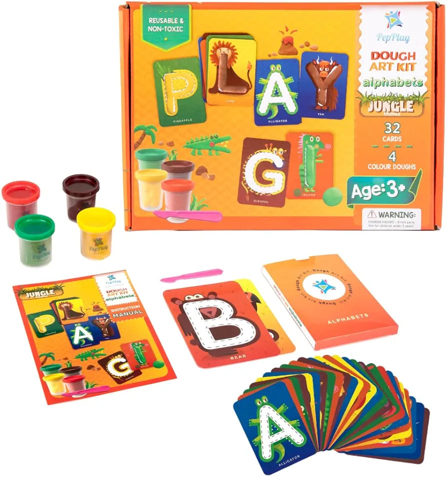Dough Art Kit for Kids | DIY Kit | Long Lasting Soft & Non-Toxic Clay | 32 Cards with 4 Colours - Alphabets