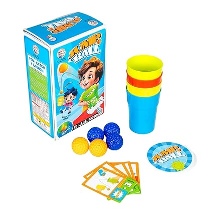 Ratna's Jump Ball Game Set, Pop It, Catch It & Launch It, Indoor & Outdoor Activity Game with 20 Cards, 16 Balls, 4 Cups, 8 Coasters, Ages 5+ Years