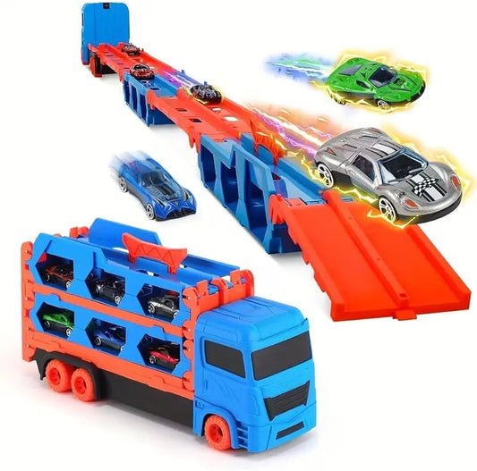 Big Truck Carrier Race Track Folding 78-Inch Toy Truck Transport Car Carrier Track & 2 DieCast Metal Toy Cars Hauler Truck Car Toys Track Set Gifts for Age 3-10 Yr