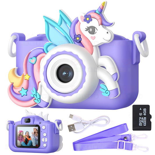 Children's camera with unicorn design, including accessories on a white background