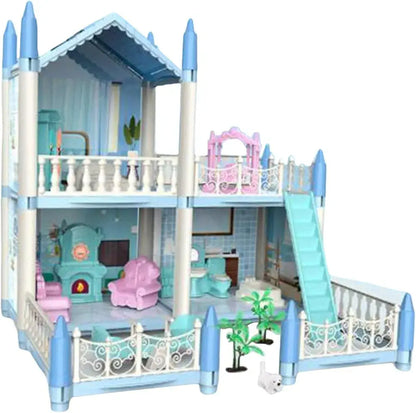 Toy dollhouse with multiple levels, furniture, and a slide on a white background