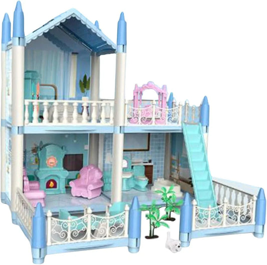 Toy dollhouse with multiple levels, furniture, and a slide on a white background