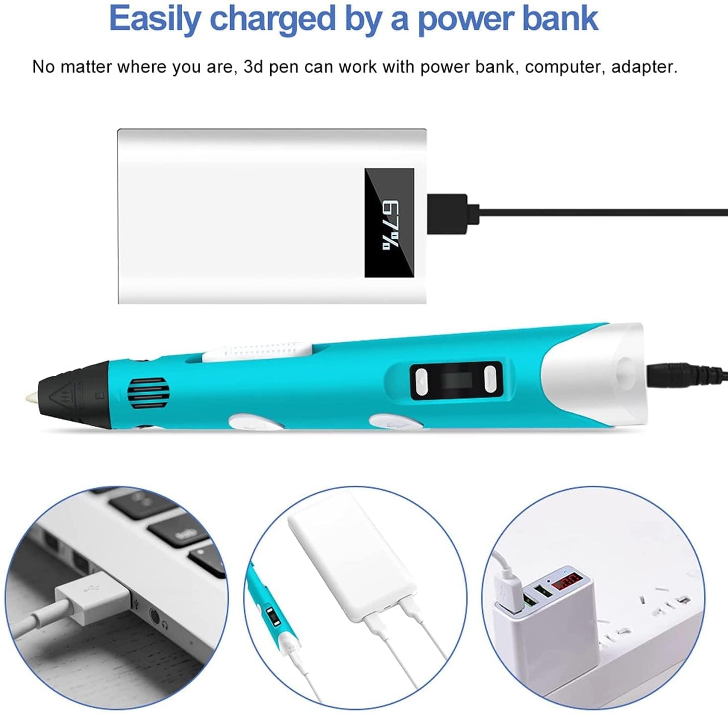 3D Pen with Adapter| 3D Pen for Kids| 3D Pen with 3 * 1.75MM PLA Filaments 10m Each