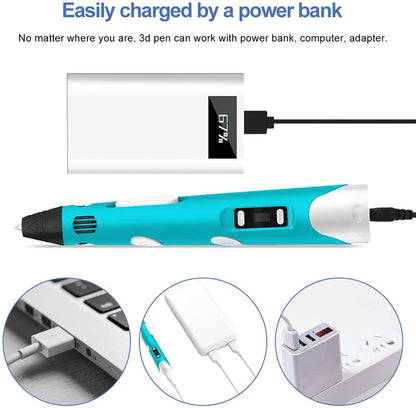 3D Pen with Adapter| 3D Pen for Kids| 3D Pen with 3 * 1.75MM PLA Filaments 10m Each