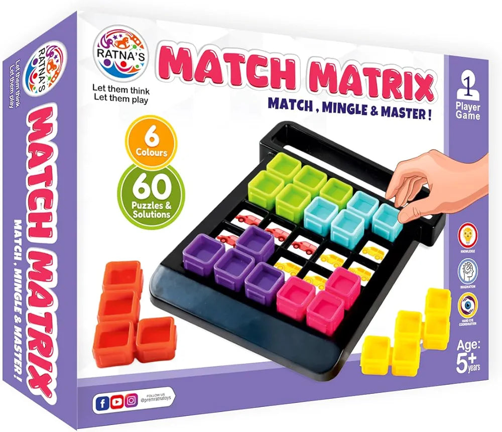 Ratna's Match Matrix Single Player Logic Puzzle Game with 60 Progressive Challenges, 6 Colorful Pieces, Challenge Booklet, Mind Games for Kids Ages 5+ Years