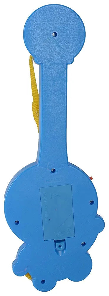Blue toy instrument with a rectangular panel on a white background