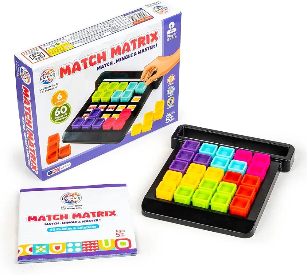 Ratna's Match Matrix Single Player Logic Puzzle Game with 60 Progressive Challenges, 6 Colorful Pieces, Challenge Booklet, Mind Games for Kids Ages 5+ Years