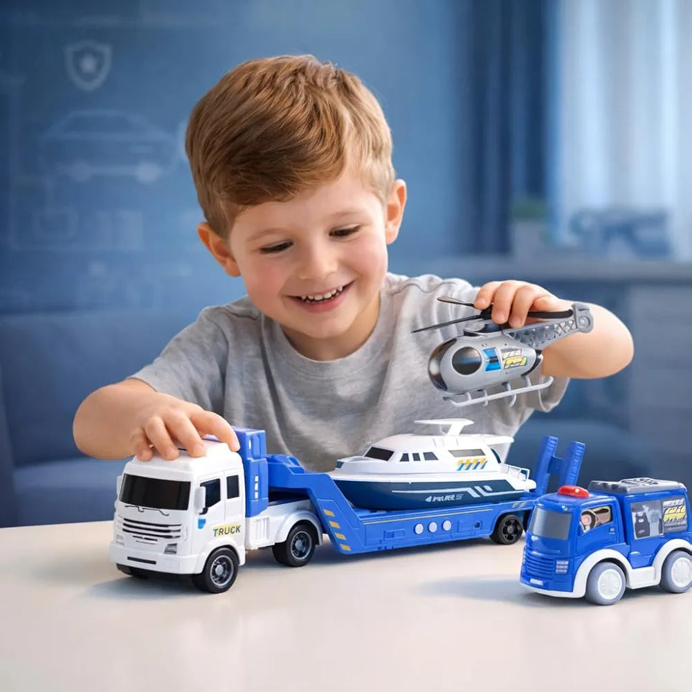 Action Cops City Police Ultimate Fleet with Sound – 35cm Command Truck + Boat + Helicopter + Police Van (4-Piece Set)