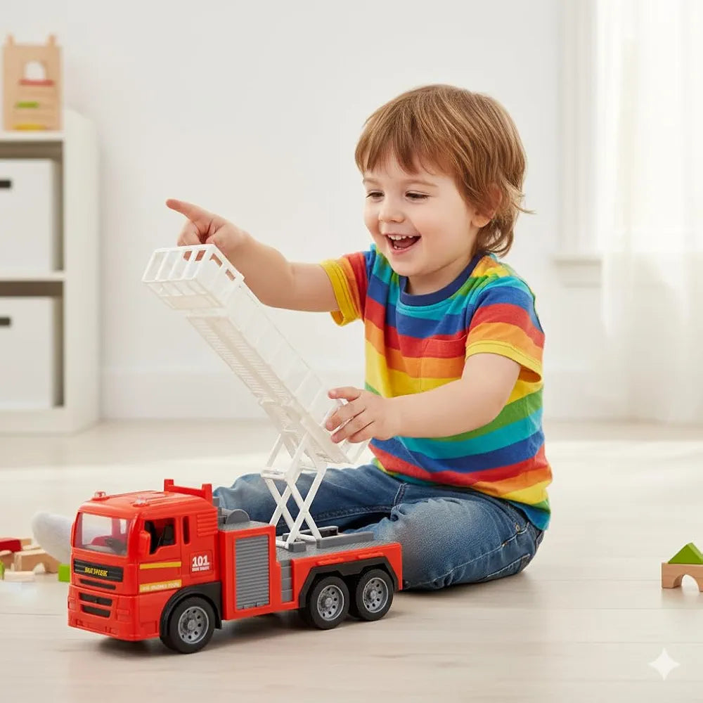 Kids Fire Truck Toy with Extendable Lift Basket | Friction Powered Rescue Truck for Boys & Girls | Durable Plastic Fire Engine with Moving Ladder Platform