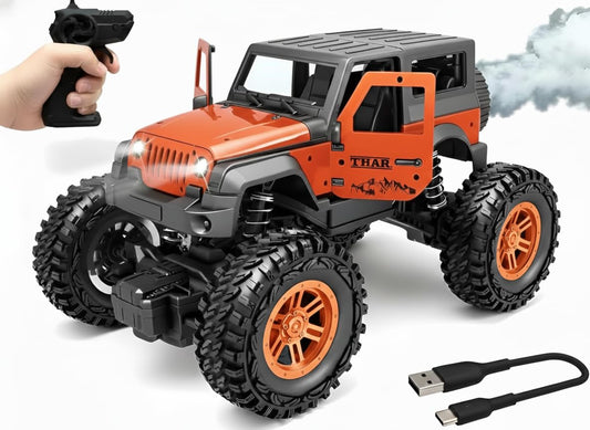 TEC TAVAKKAL 75 Feet+ Range Remote Control Off Road Rock Climbing Car for Kids, Rechargeable Thar Toy with Mist Spray, Openable Doors, Front LED, Shock...