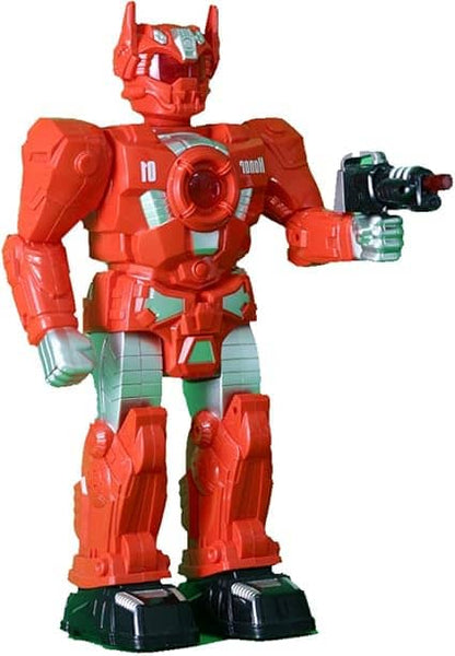 Red robot toy figure with a white background