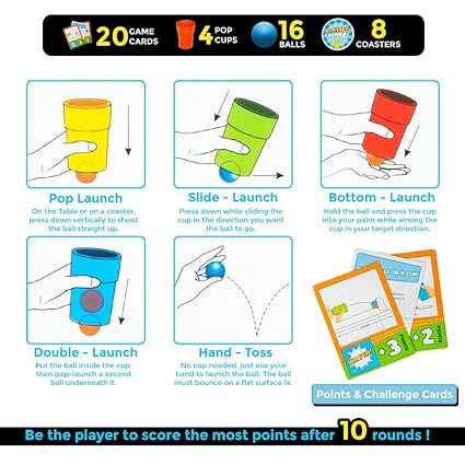 Ratna's Jump Ball Game Set, Pop It, Catch It & Launch It, Indoor & Outdoor Activity Game with 20 Cards, 16 Balls, 4 Cups, 8 Coasters, Ages 5+ Years
