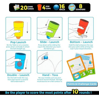 Ratna's Jump Ball Game Set, Pop It, Catch It & Launch It, Indoor & Outdoor Activity Game with 20 Cards, 16 Balls, 4 Cups, 8 Coasters, Ages 5+ Years